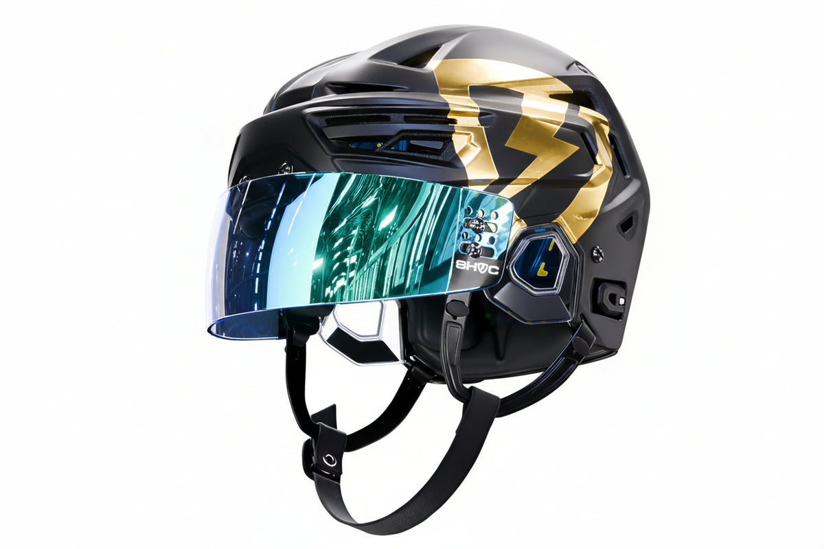 Black and gold ice hockey helmet with a saphire blue visor