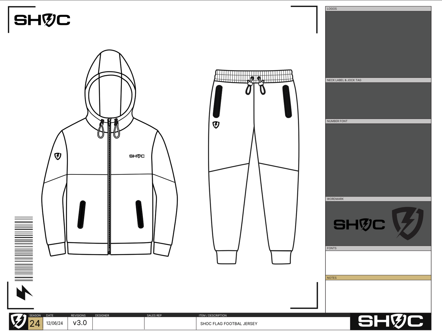 SHOC apparel design sheet featuring a zip-up hoodie and jogger pants with logo placement, branding details, and garment specifications.