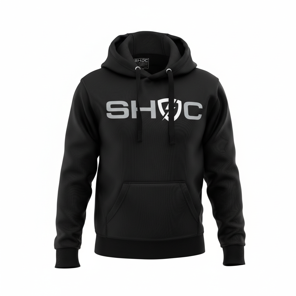 Black hoodie with 'SHOC' logo on a white background