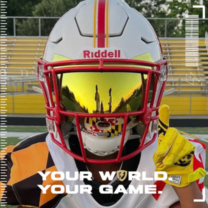 A youth football player wearing a Riddell Speedflex football helmet, wearing a SHOC 24K football visor