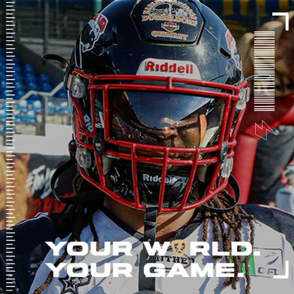 A football player wearing a Riddell Speedflex football helmet with a SHOC Smoke 60 football visor. 