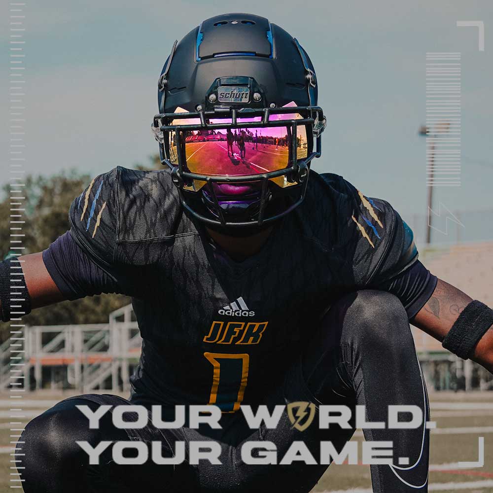 A Football Player wearing a Schutt F7 Football Helmet in a SHOC Barbies Kiss football visor