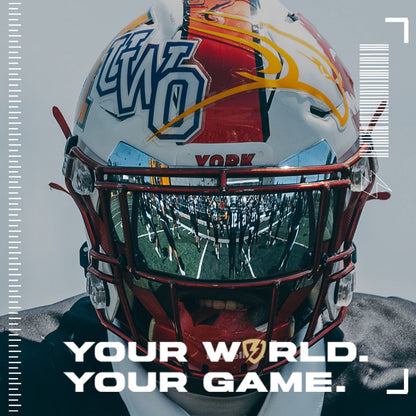 A football player wearing a Riddell Speedflex football helmet with a SHOC Chrome Mirror football visor. 