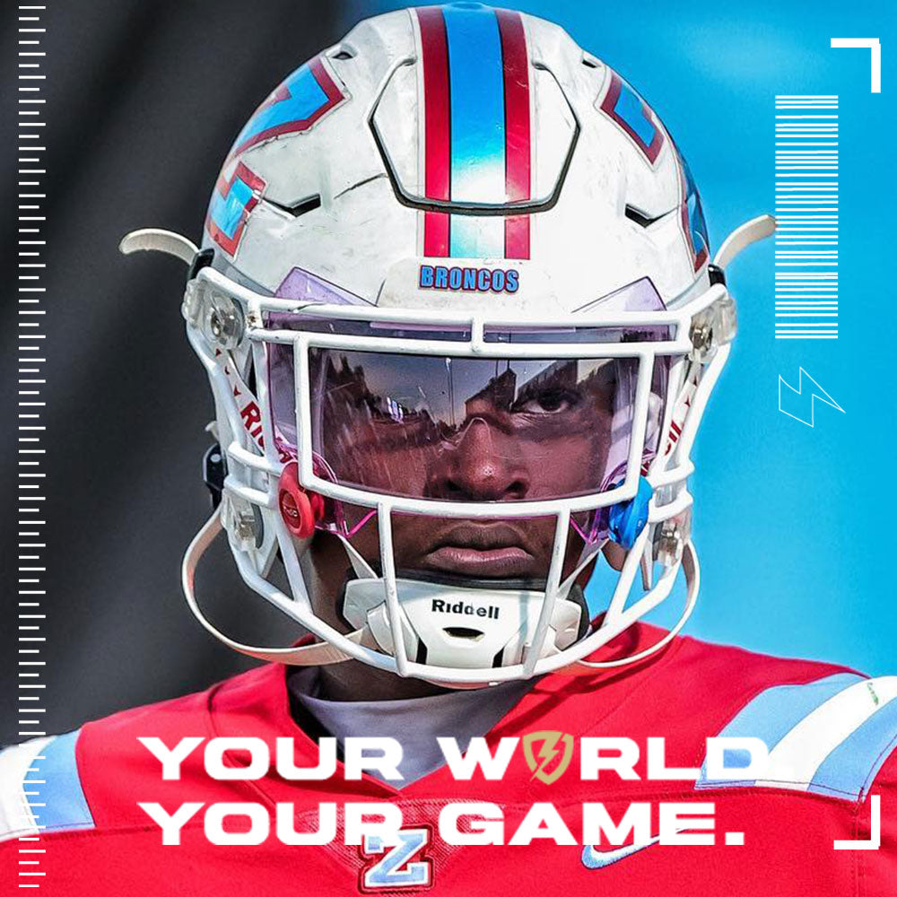 A football player wearing a Riddell Speedflex football helmet with a SHOC Clear Spectrum football visor. 