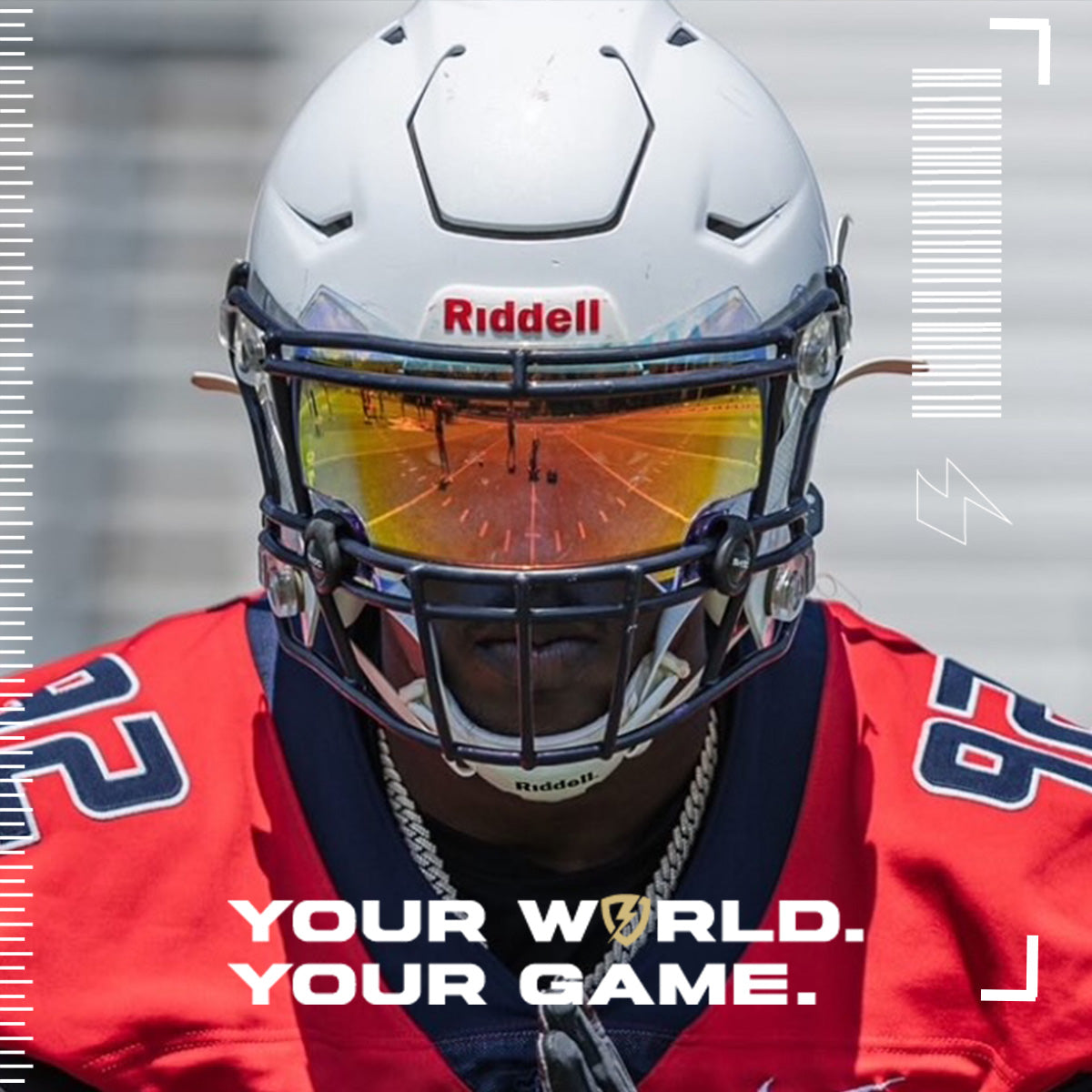 Football player wearing a white Riddell SpeedFlex helmet with a SHOC Clear Sunset visor, featuring vibrant orange and gold reflective tones during game day action.