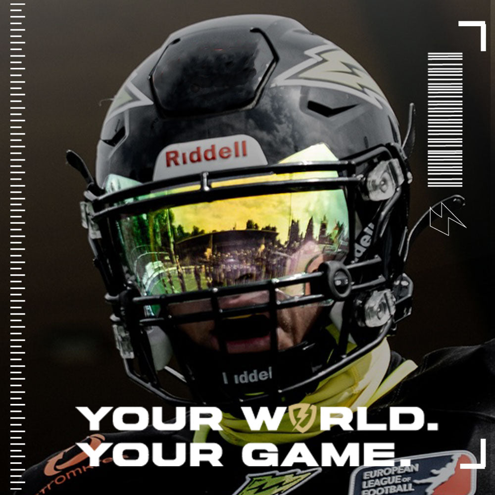 A football player wearing a Riddell Speedflex football helmet with a SHOC Clear Sunset football visor. 