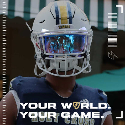 A Football Player in a Riddell Speedflex football hemet with a SHOC Glacier Spectrum football visor. 