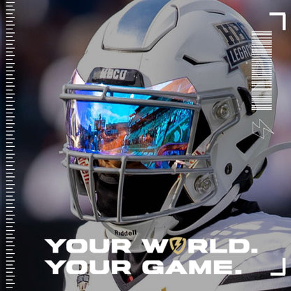 A football player wearing a Riddell Speedflex football helmet with a SHOC Glacier Spectrum football visor. 
