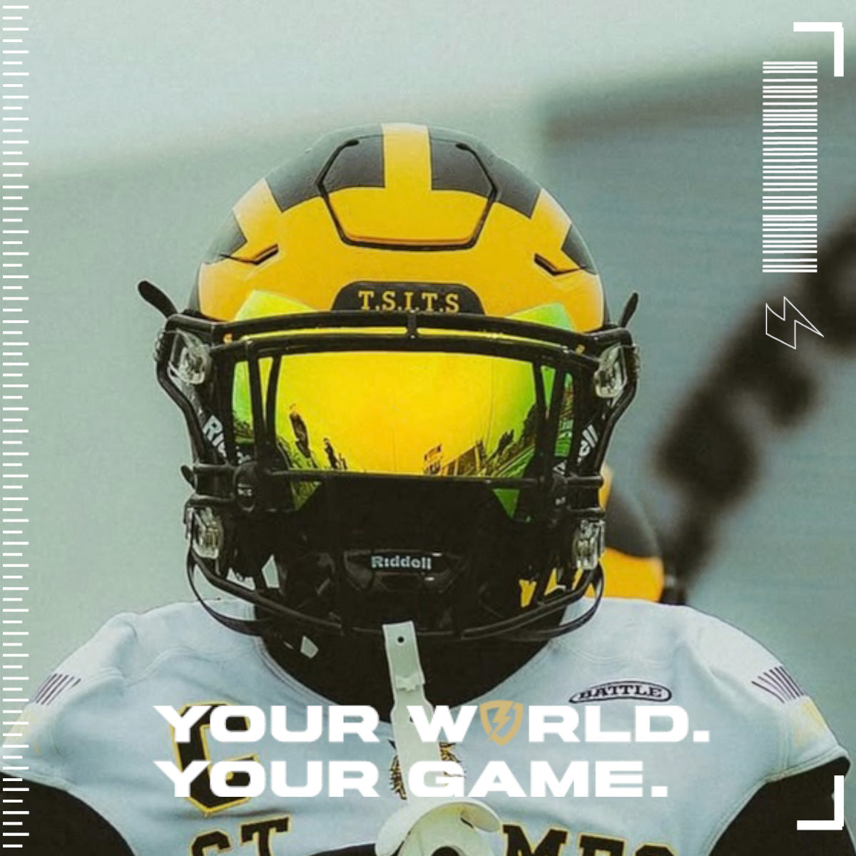 A football player wearing a Riddell Speedflex football helmet with a SHOC Golden Dragon Football visor. 