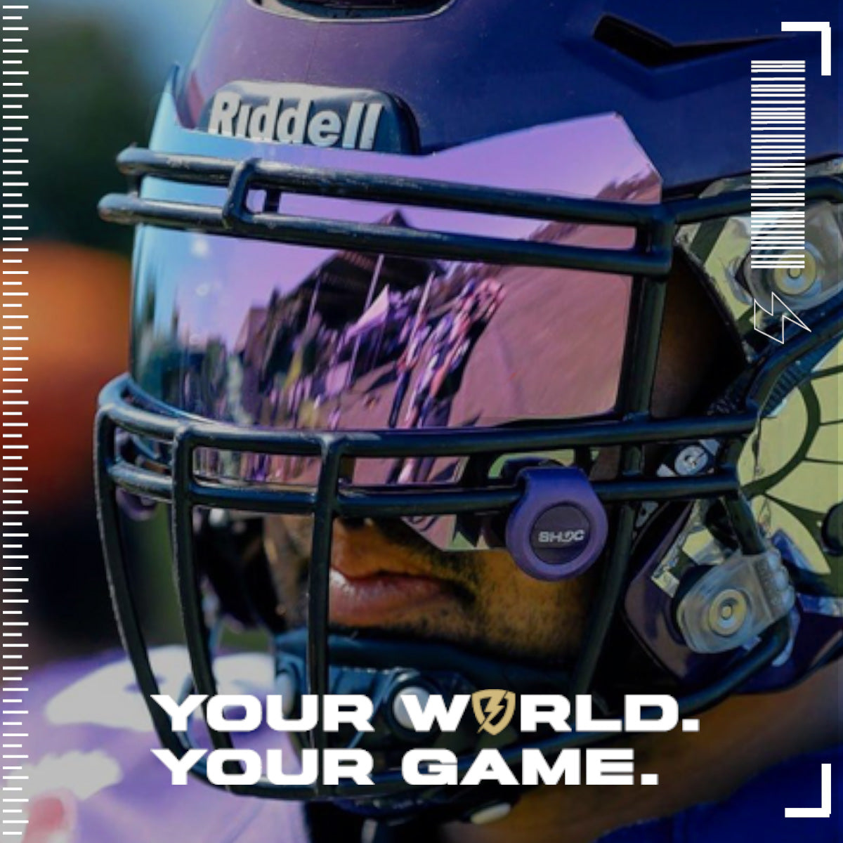 Football Player wearing a Riddell Speedflex football helmet with a Grape Ape purple SHOC Football helmet visor, reflecting colorful surroundings.