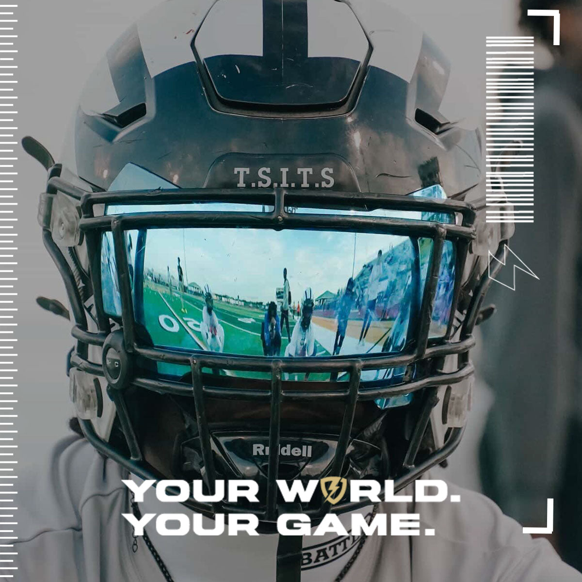 A football player wearing a Riddell Speedflec football helmet with a SHOC Ice Blue football visor