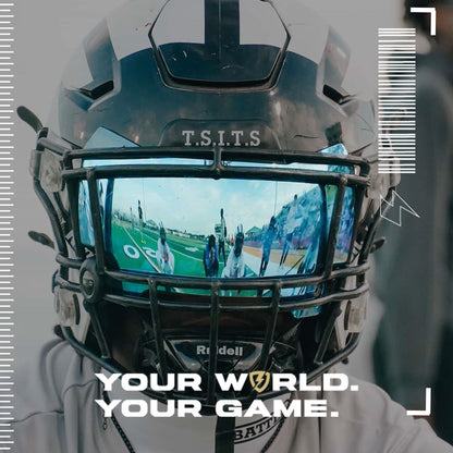 A football player wearing a Riddell Speedflec football helmet with a SHOC Ice Blue football visor