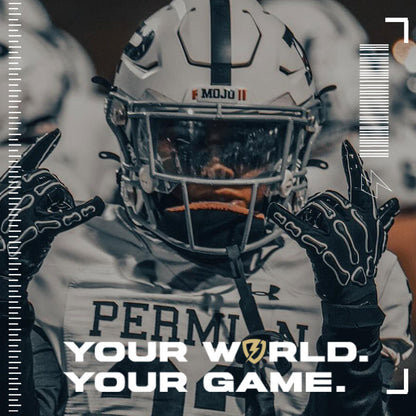 A football player wearing a Riddell Speedflex football helmet with a SHOC football visor. 