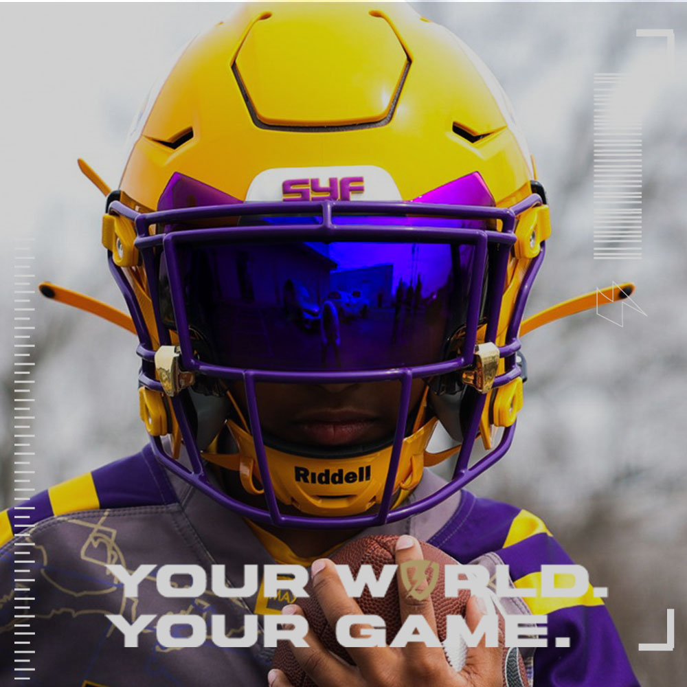 Purple Rain SHOC football Visor on a Yellow Riddell Speedflex Football helmet