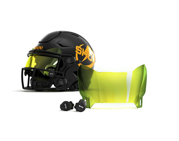Black football helmet with the SHOC Clear Rainbow yellow football visor and faceguard on a white background
