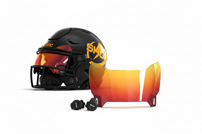 Black football Helmet with a SHOC Clear Red Football Visor, and face guard on a white background