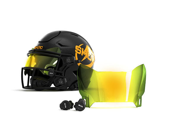 Black football helmet with SHOC Clear sunset yellow visor and faceguard on a white background