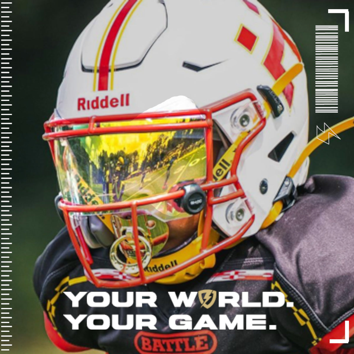 A youth football player wearing a Riddell Speedflex football helmet with a SHOC Clear Sunset Football Visor 