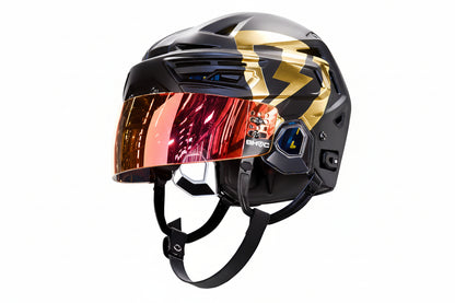 Black and gold ice hockey helmet with a red reflective visor 