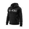 Black SHOC pullover hoodie featuring the SHOC logo across the chest with a front kangaroo pocket and adjustable drawstring hood.