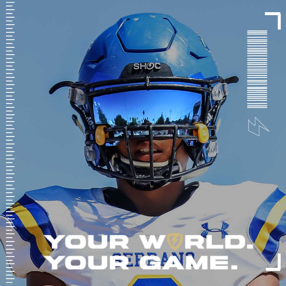 A football player wearing a Riddell Speedflex football helmet with a SHOC Ice Blue Football visor