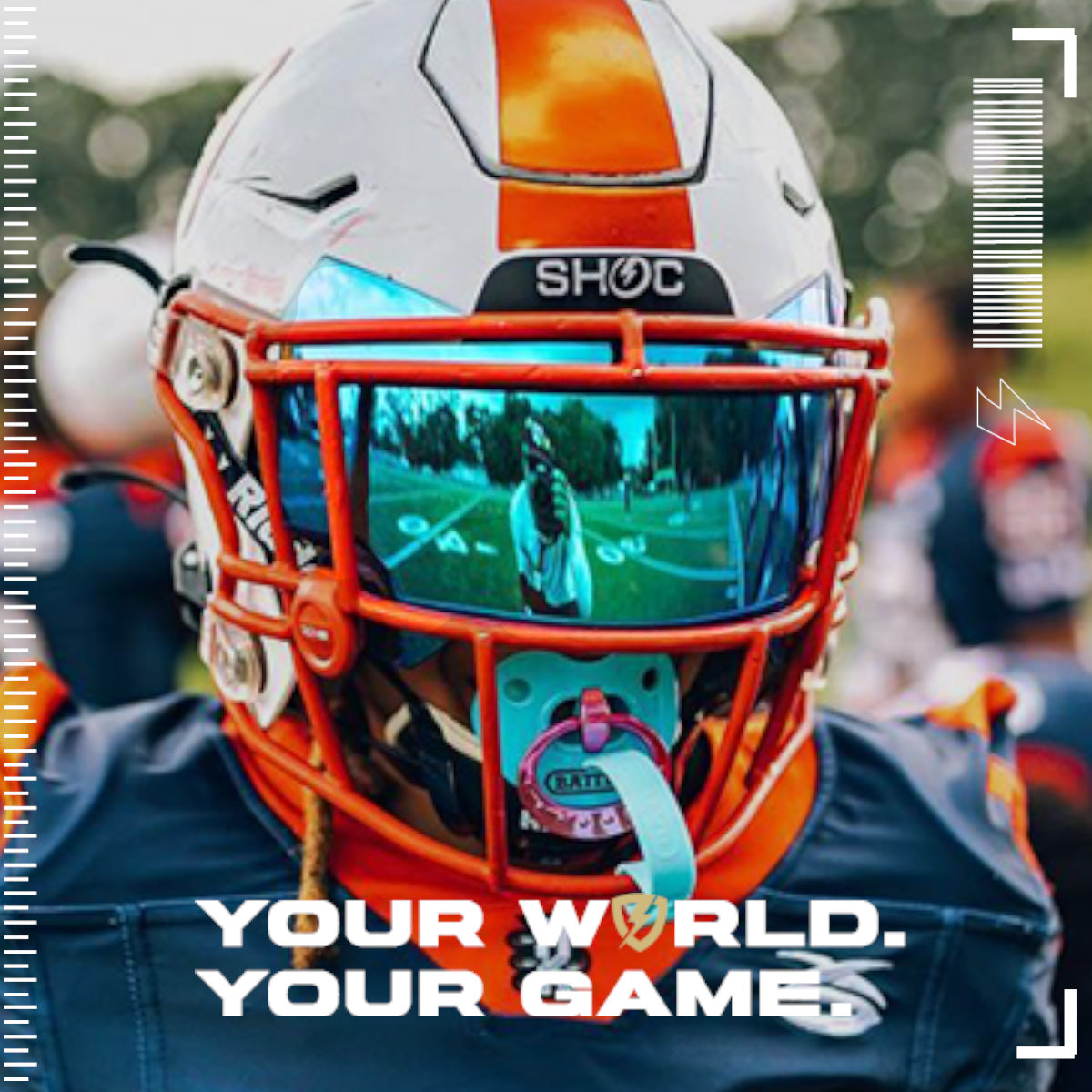 A youth football player wearing a Riddell Speedflex football helmet with a SHOC Sapphire football visor, blurred background