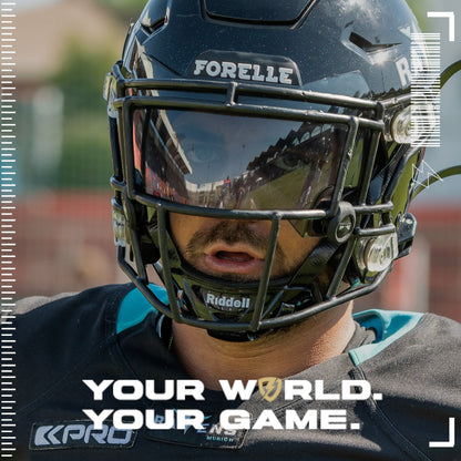 A football player wearing a Riddell Speedflex football helmet with a SHOC Smoke 40 Football Visor