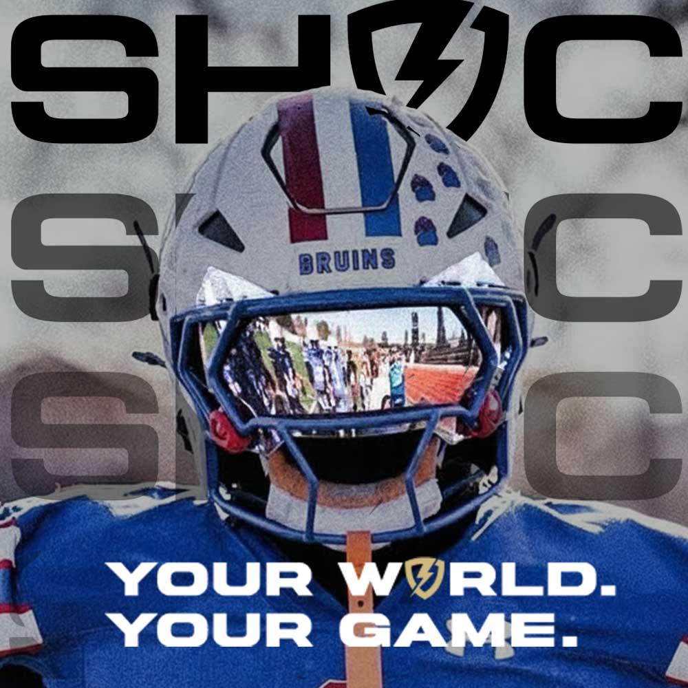 High School Football player wearing a Riddell Axiom football helmet with a SHOC Clear Mirror Football visor showing a reflection of a sports field, surrounded by 'SHC' branding.