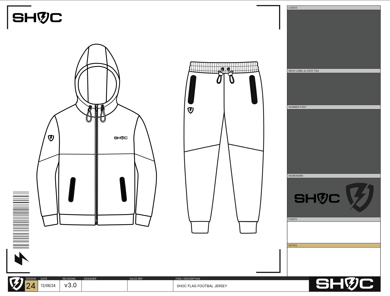 SHOC apparel design sheet featuring a zip-up hoodie and jogger pants with logo placement, branding details, and garment specifications.