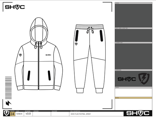 SHOC apparel design sheet featuring a zip-up hoodie and jogger pants with logo placement, branding details, and garment specifications.