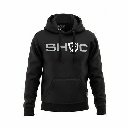 Black hoodie with 'SHOC' logo on a white background