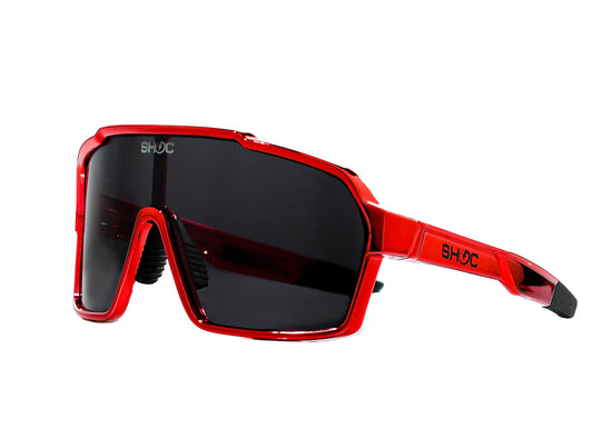 SHOC Waves Sunglasses! The best wraparound sunglasses made by the indie sports brand, SHOC. In red.