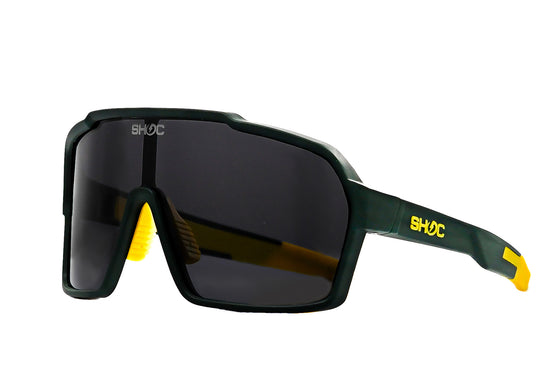 SHOC Waves Sunglasses! The best wraparound sunglasses made by the indie sports brand, SHOC. In green & yellow.